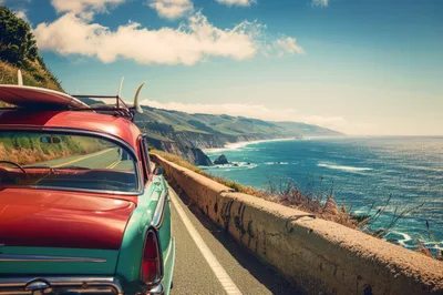 Vintage Car Driving Along The Pacific Coast Highway