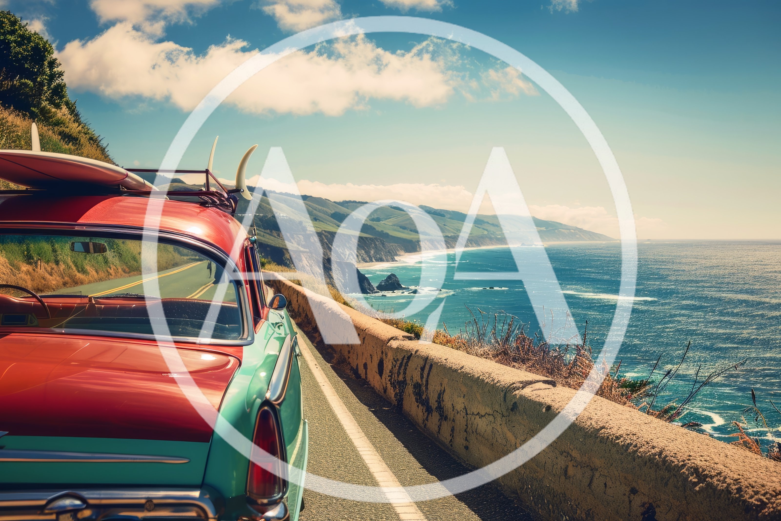 Vintage Car Driving Along The Pacific Coast Highway