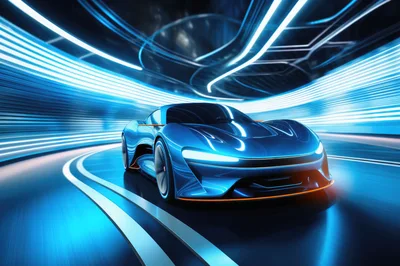 Futuristic Blue Sports Car Driving Through Neon Tunnel