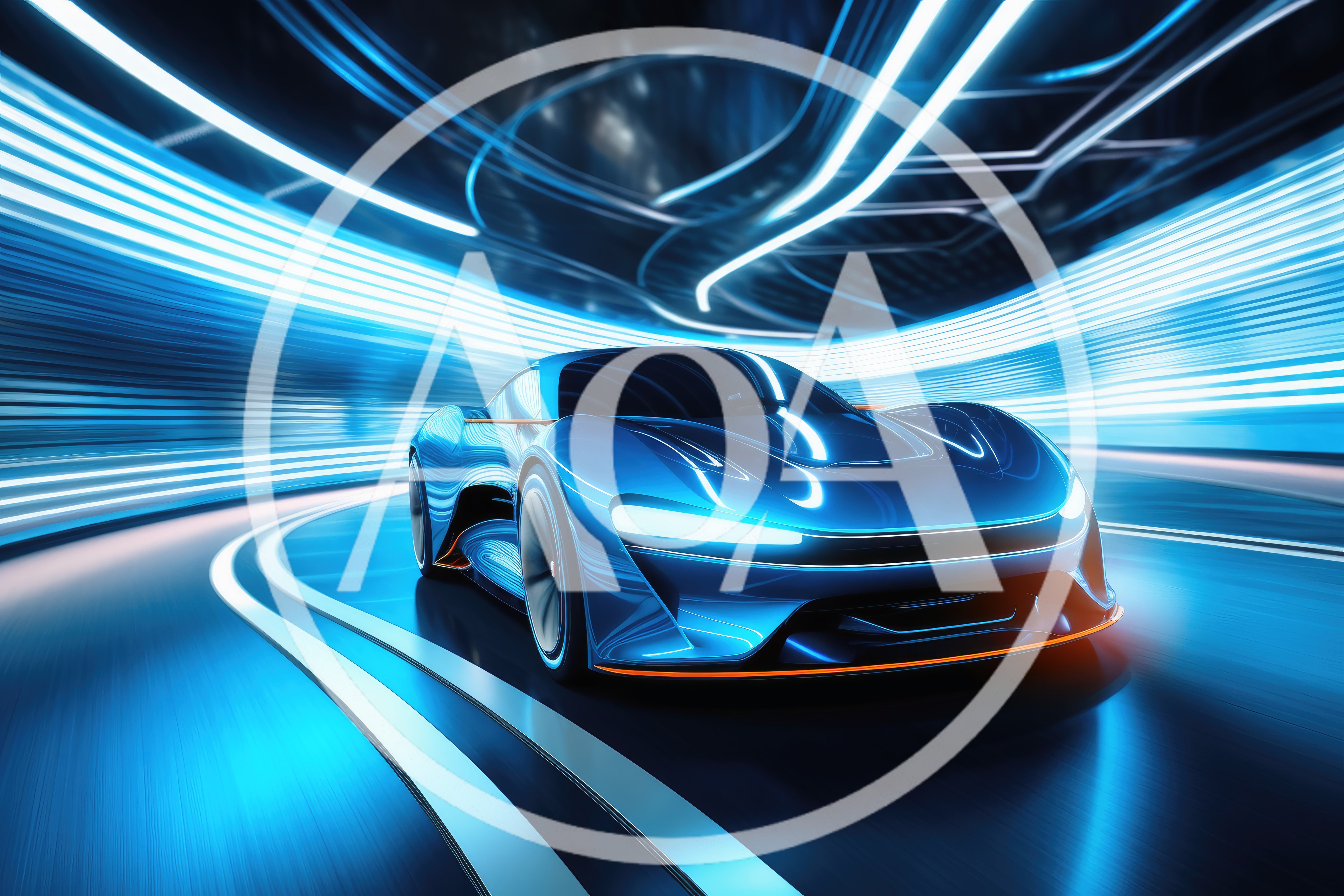 Futuristic Blue Sports Car Driving Through Neon Tunnel