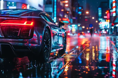 Luxury Sports Car Parked On Wet City Street At Night