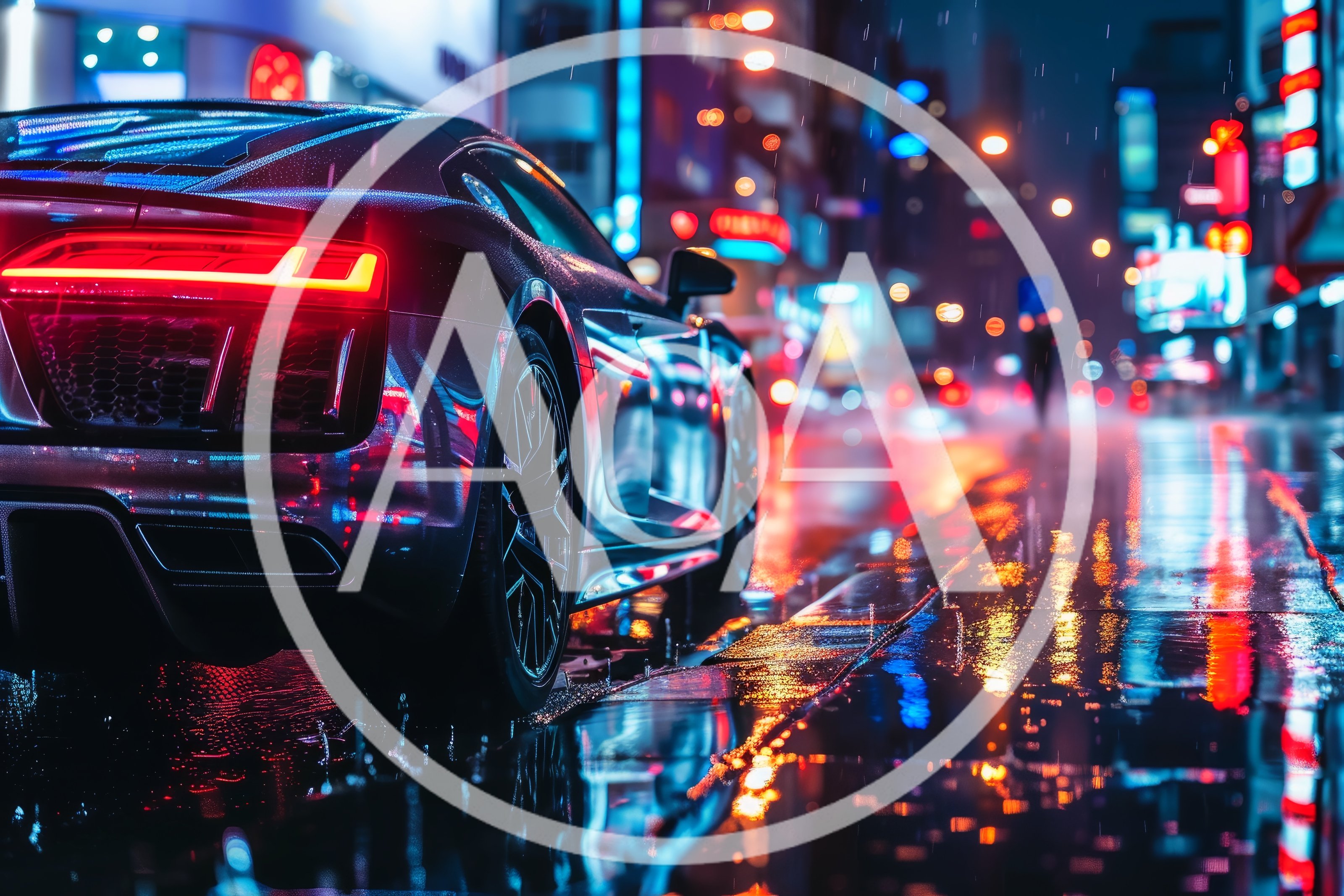 Luxury Sports Car Parked On Wet City Street At Night