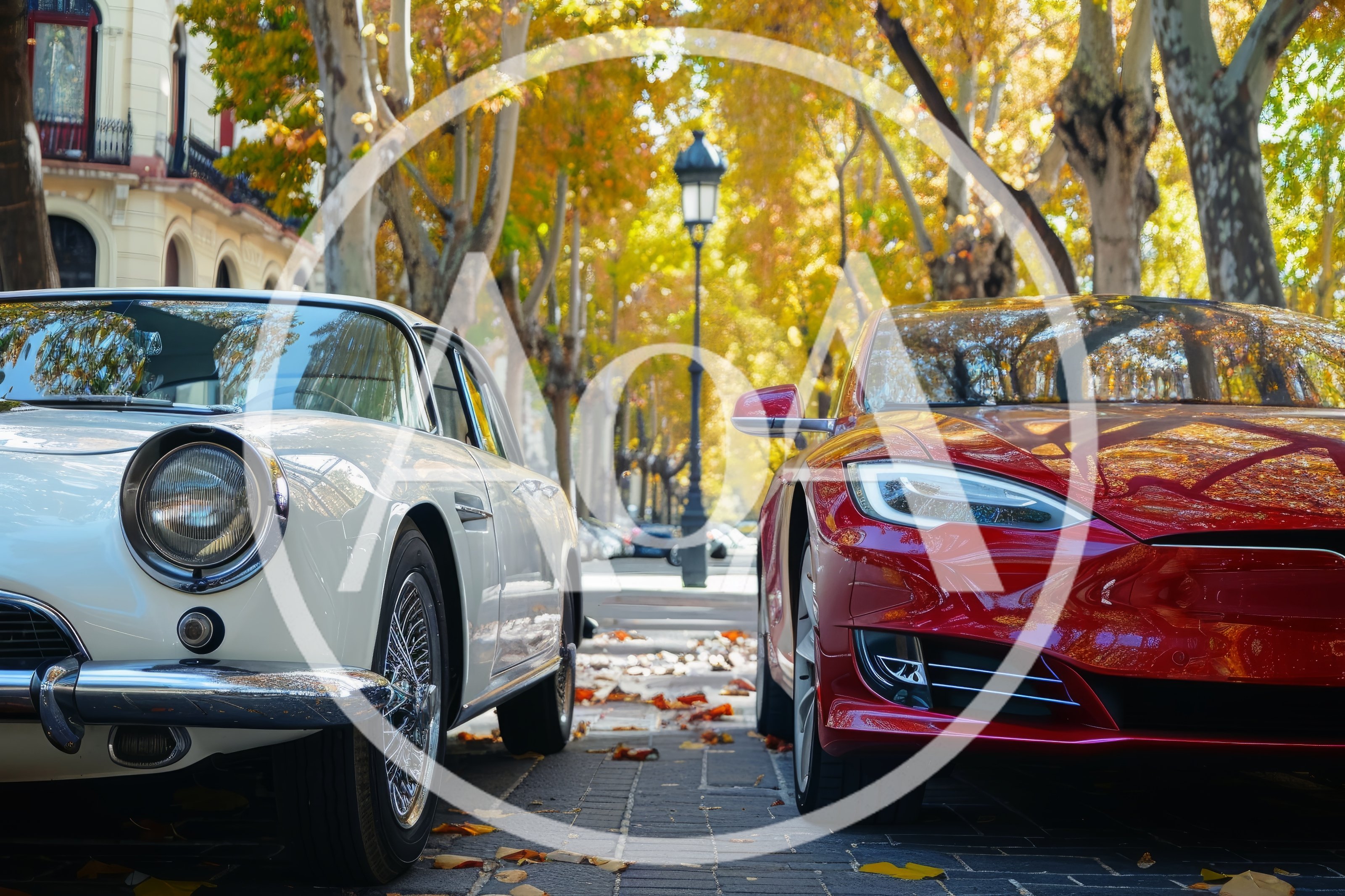 Classic White Sports Car And Modern Red Electric Vehicle