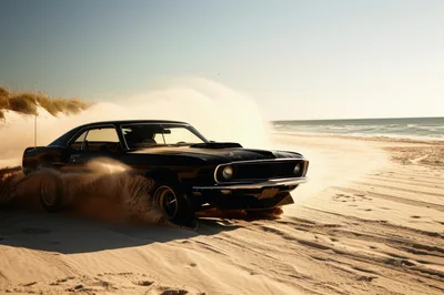 Black Muscle Car Drifting on Sandy Beach