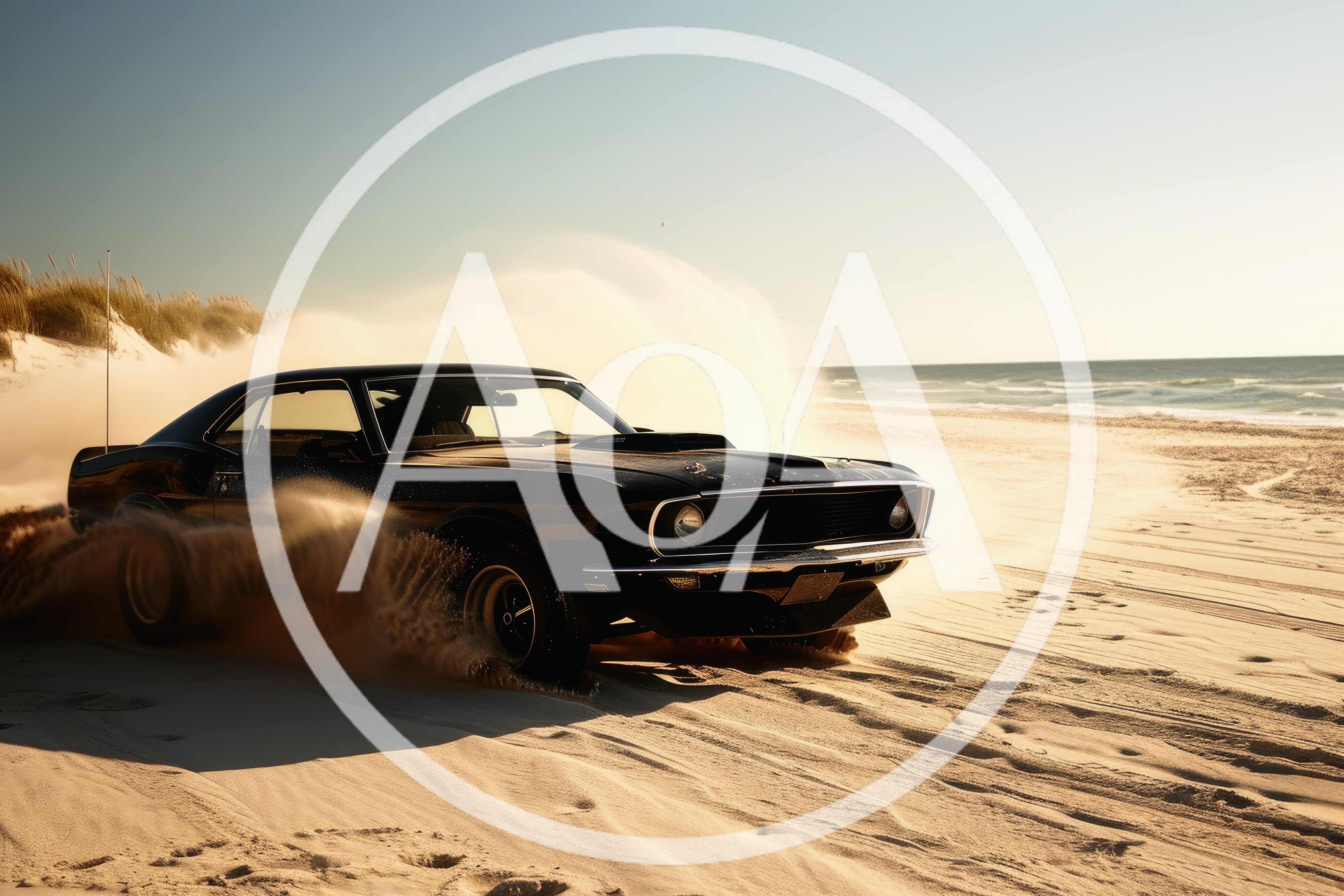 Black Muscle Car Drifting on Sandy Beach