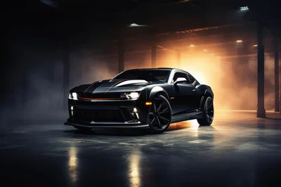 Black Sports Car Parked In Industrial Warehouse