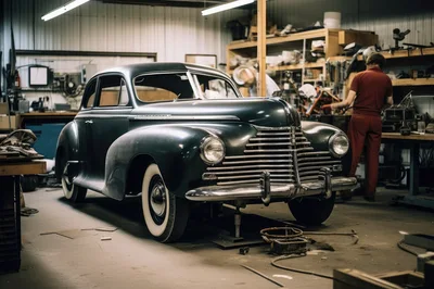 Mechanic Working on Vintage Car in Auto Shop