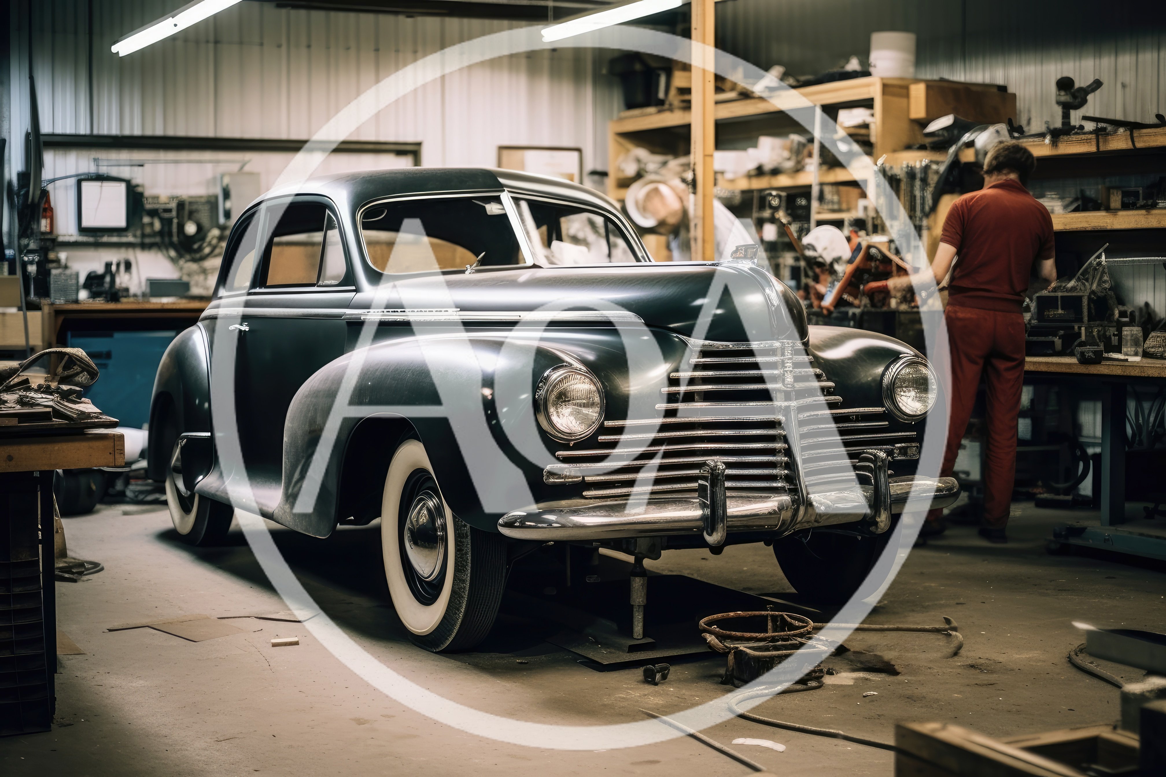 Mechanic Working on Vintage Car in Auto Shop