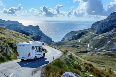 White Campervan Driving Along A Scenic Coastal Mountain Road