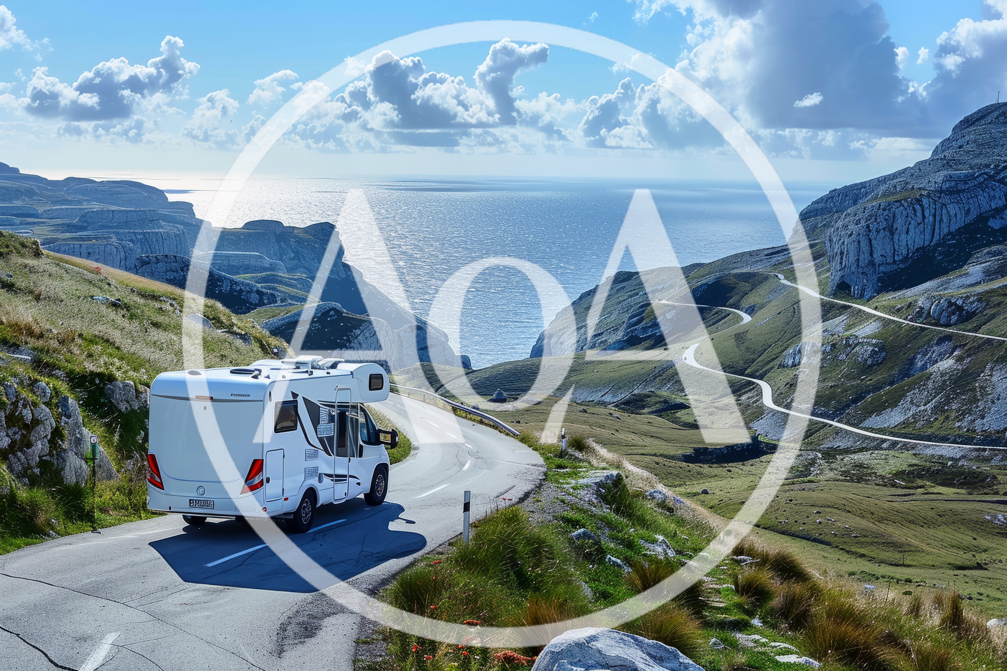 White Campervan Driving Along A Scenic Coastal Mountain Road