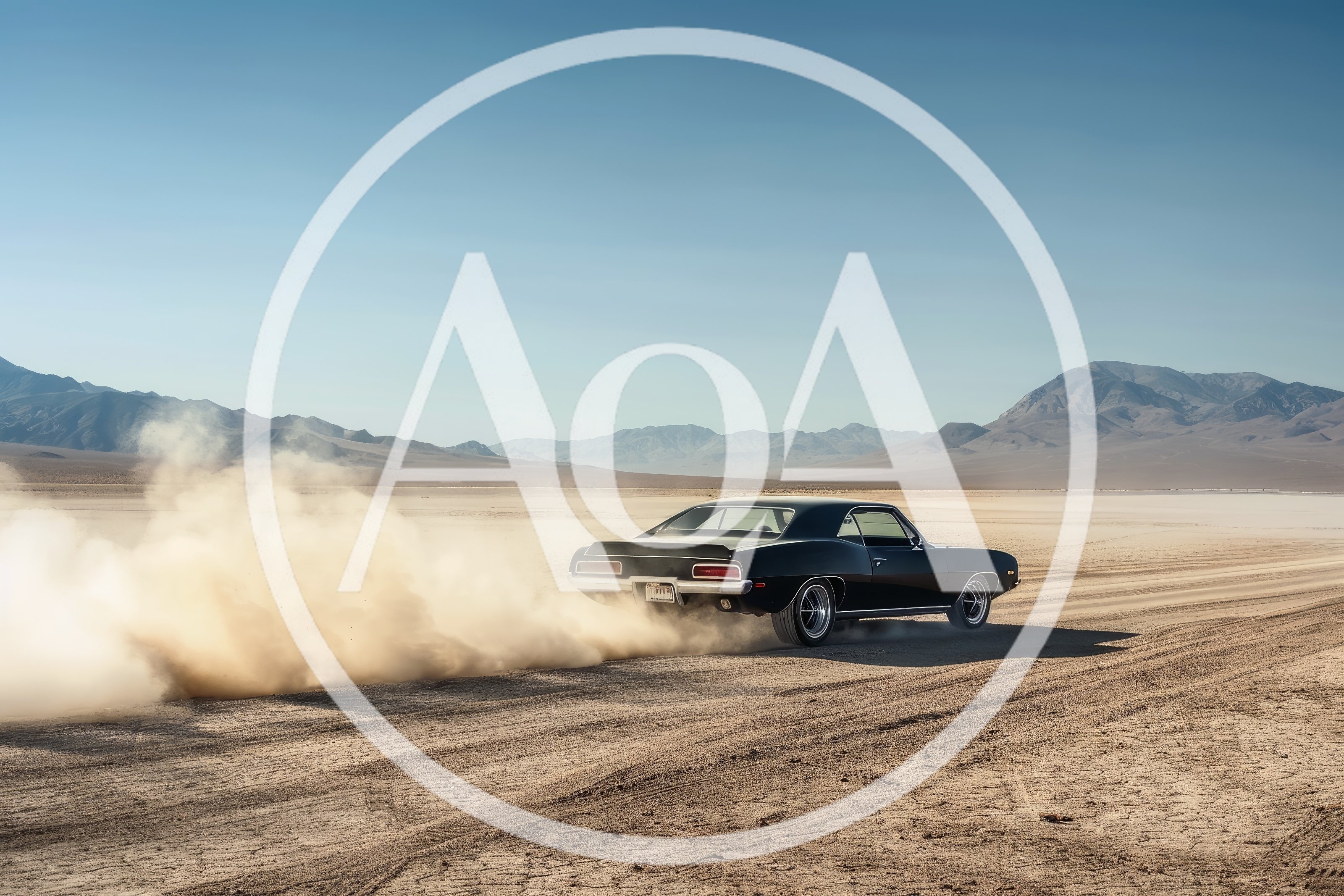 Black Muscle Car Drifting On Desert Dry Lake Bed