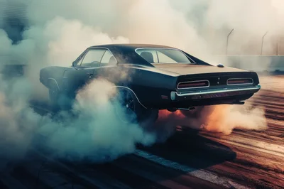 Black Muscle Car Performing A Burnout On Racetrack