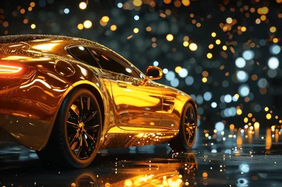 Golden Sports Car With Bokeh Light Background