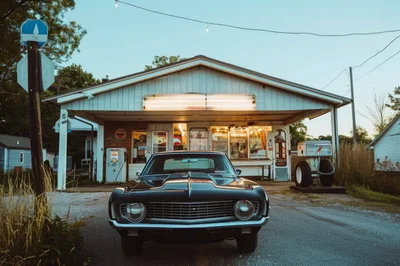 Classic Black Muscle Car Parked At Vintage Gas Station
