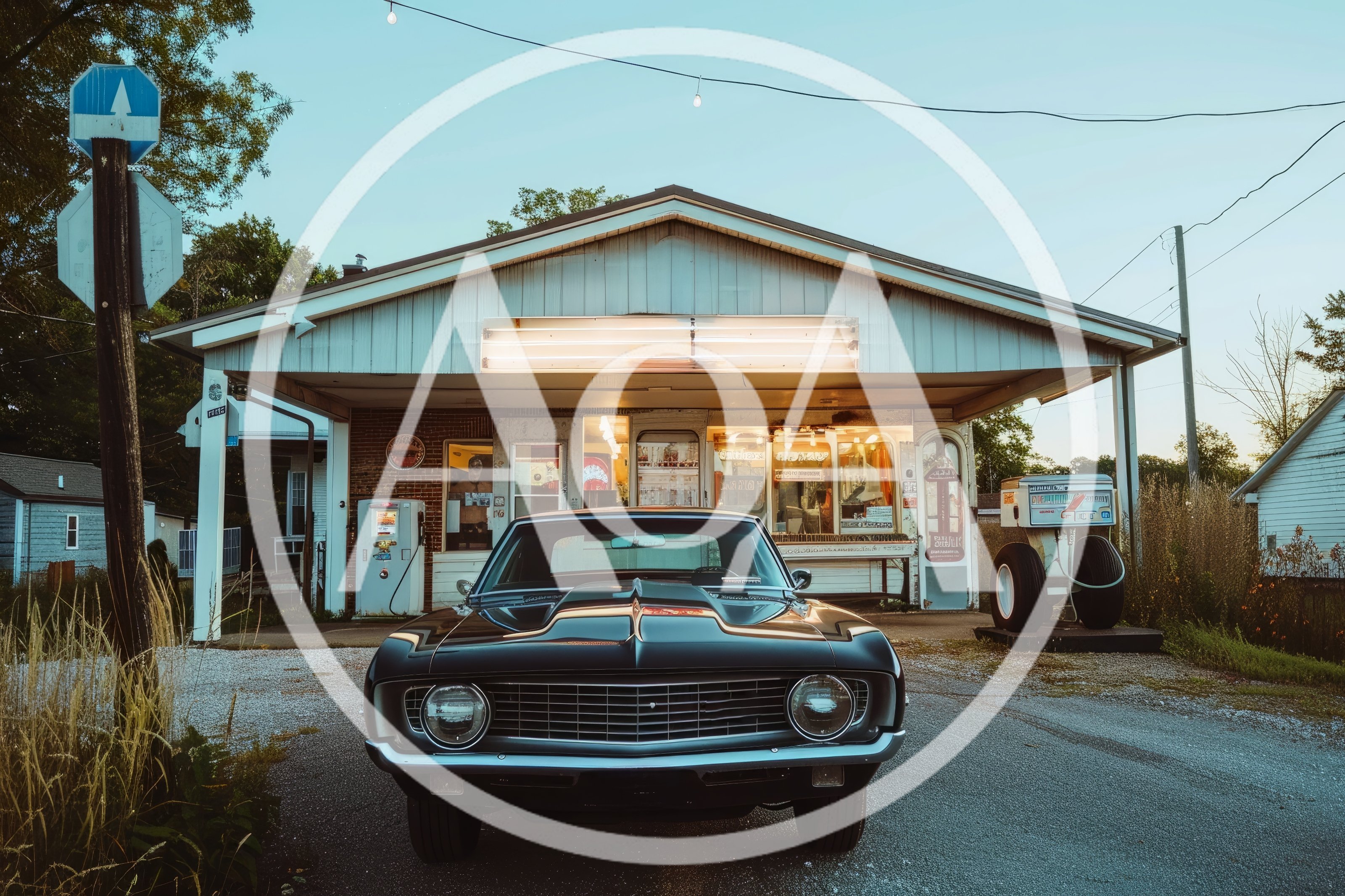 Classic Black Muscle Car Parked At Vintage Gas Station