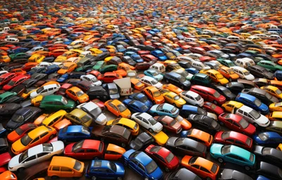 High Angle View Of Numerous Miniature Toy Cars