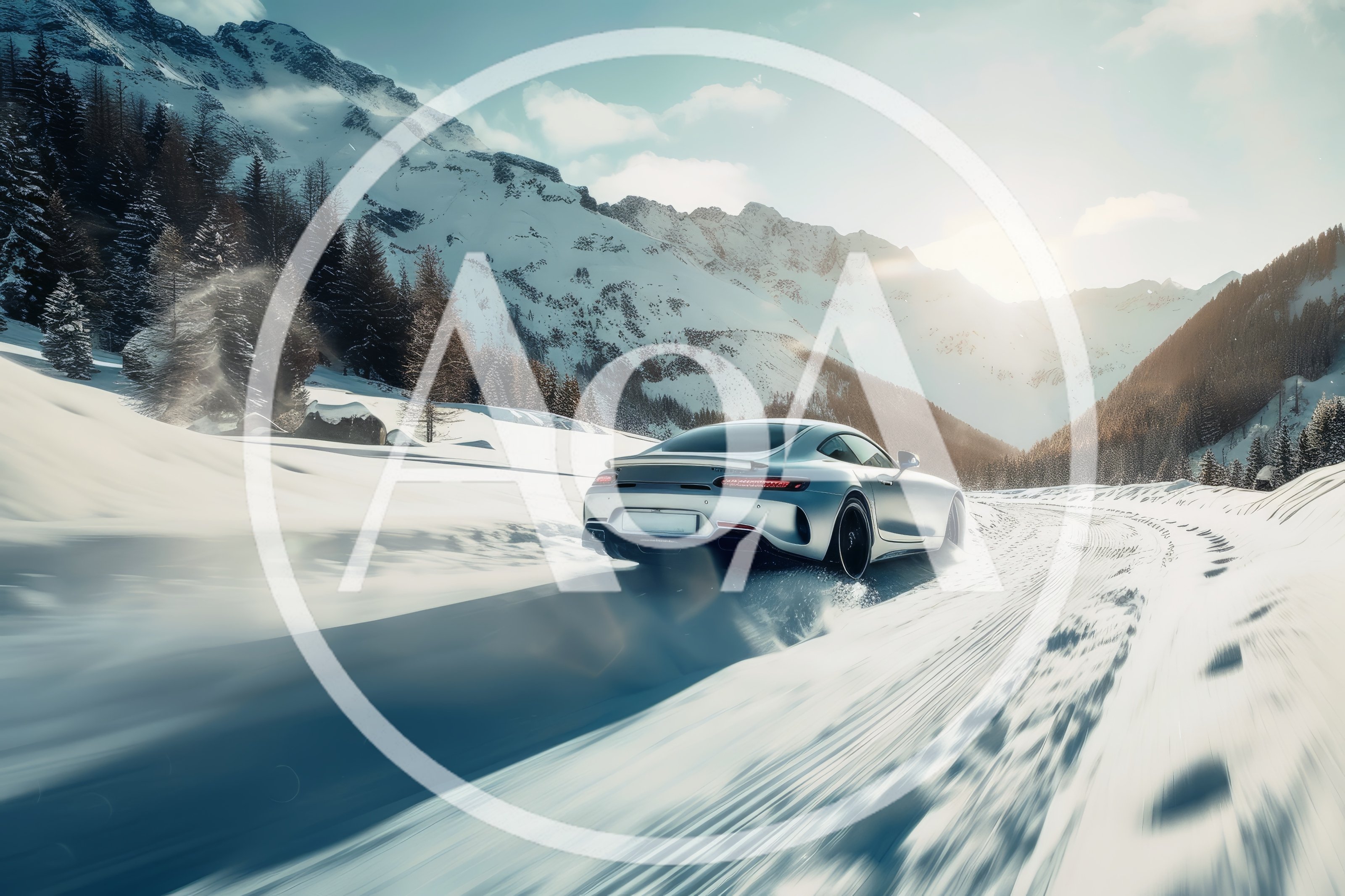 Silver Sports Car Drifting On Snowy Mountain Road