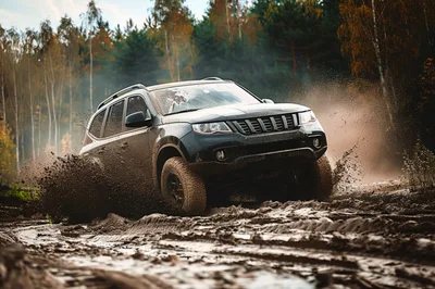 Black SUV Off-Roading Through Muddy Forest Terrain