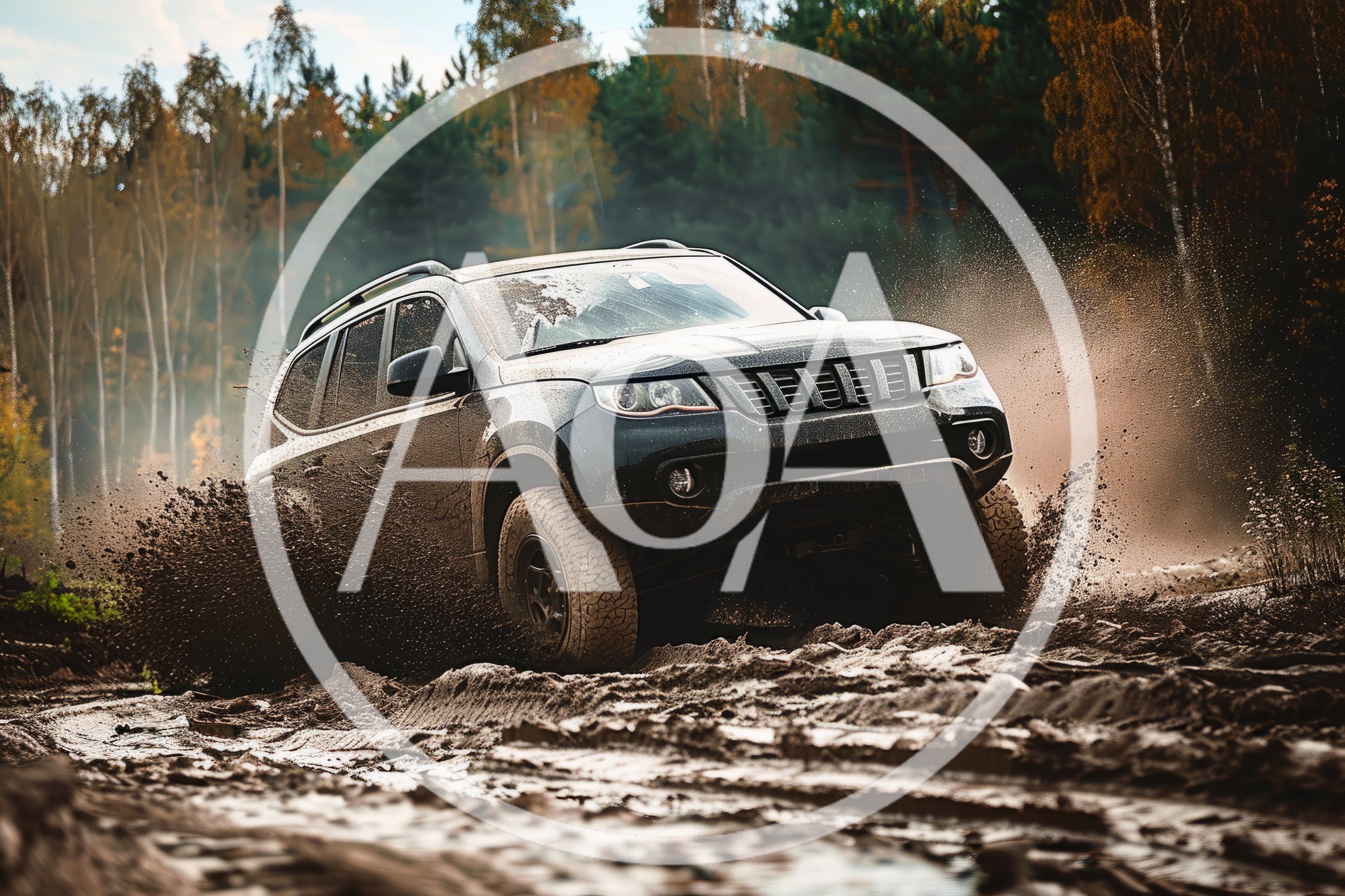 Black SUV Off-Roading Through Muddy Forest Terrain