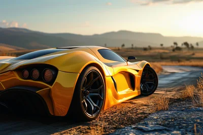 Yellow Supercar Parked On A Desert Road