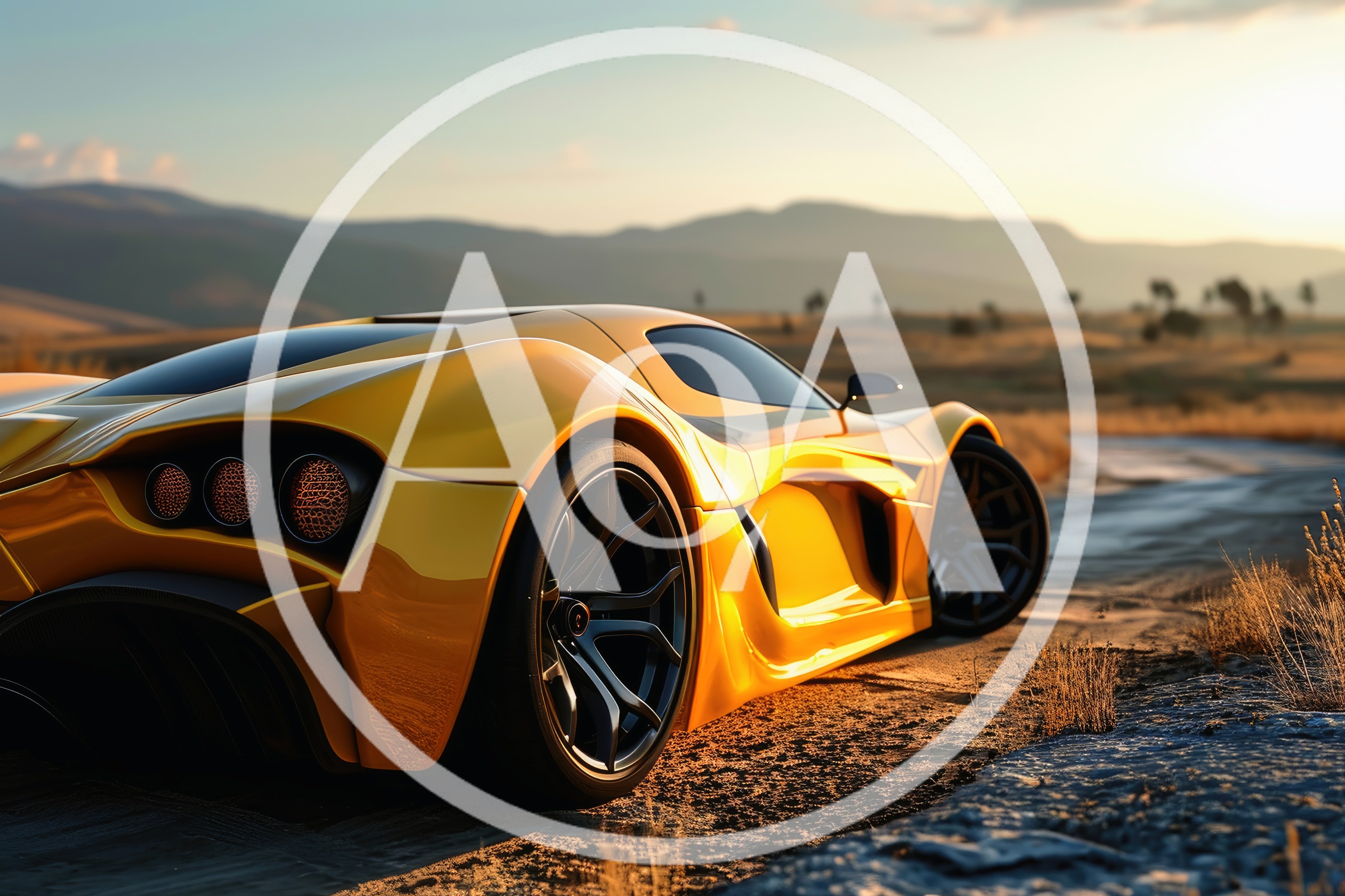 Yellow Supercar Parked On A Desert Road