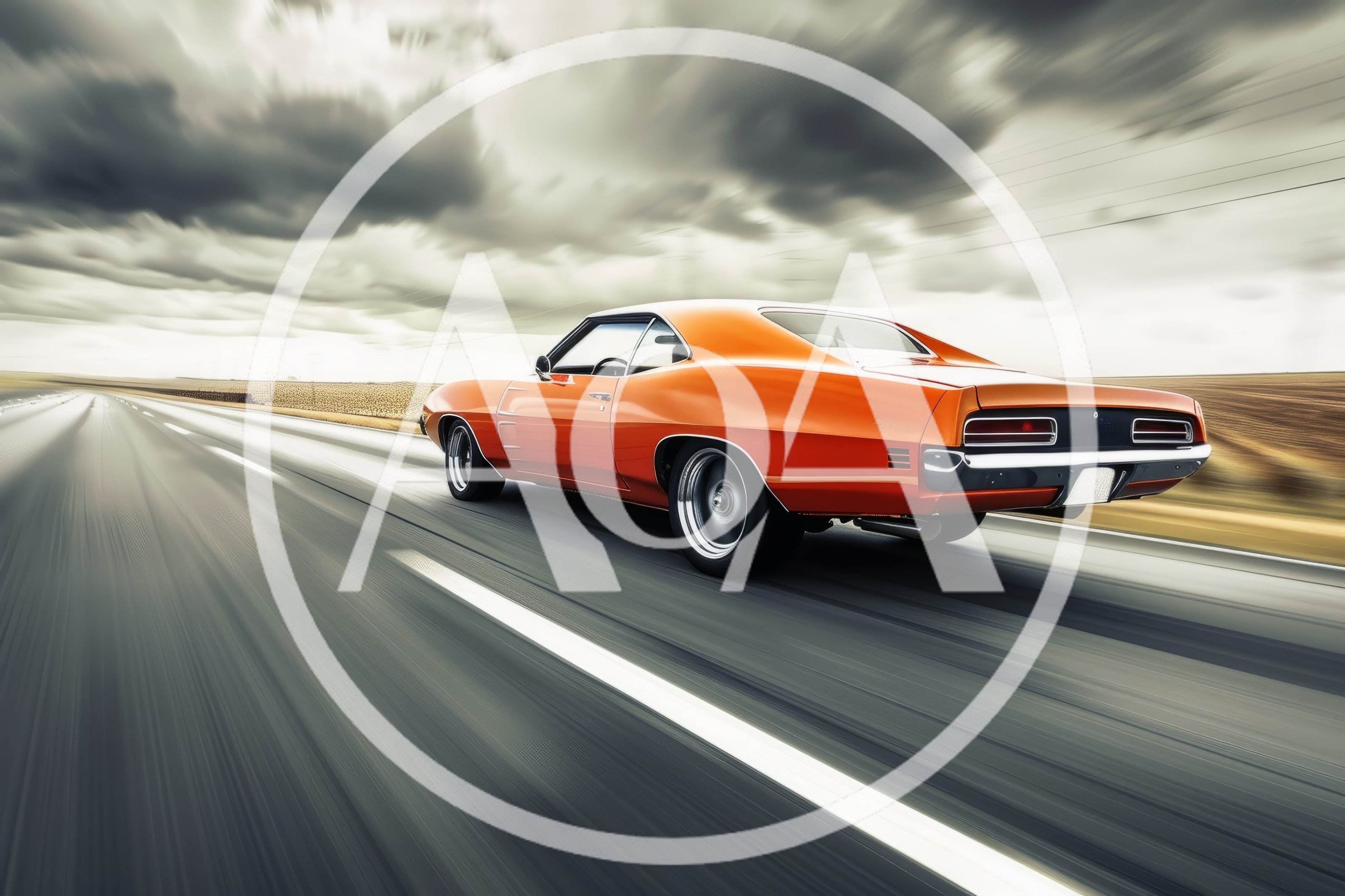 Orange Muscle Car Driving Fast On Highway