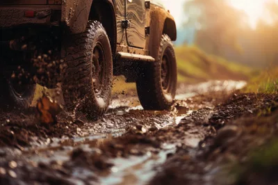 Off-Road Vehicle Driving Through Muddy Terrain