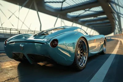 Teal Sports Car Driving On Modern Bridge