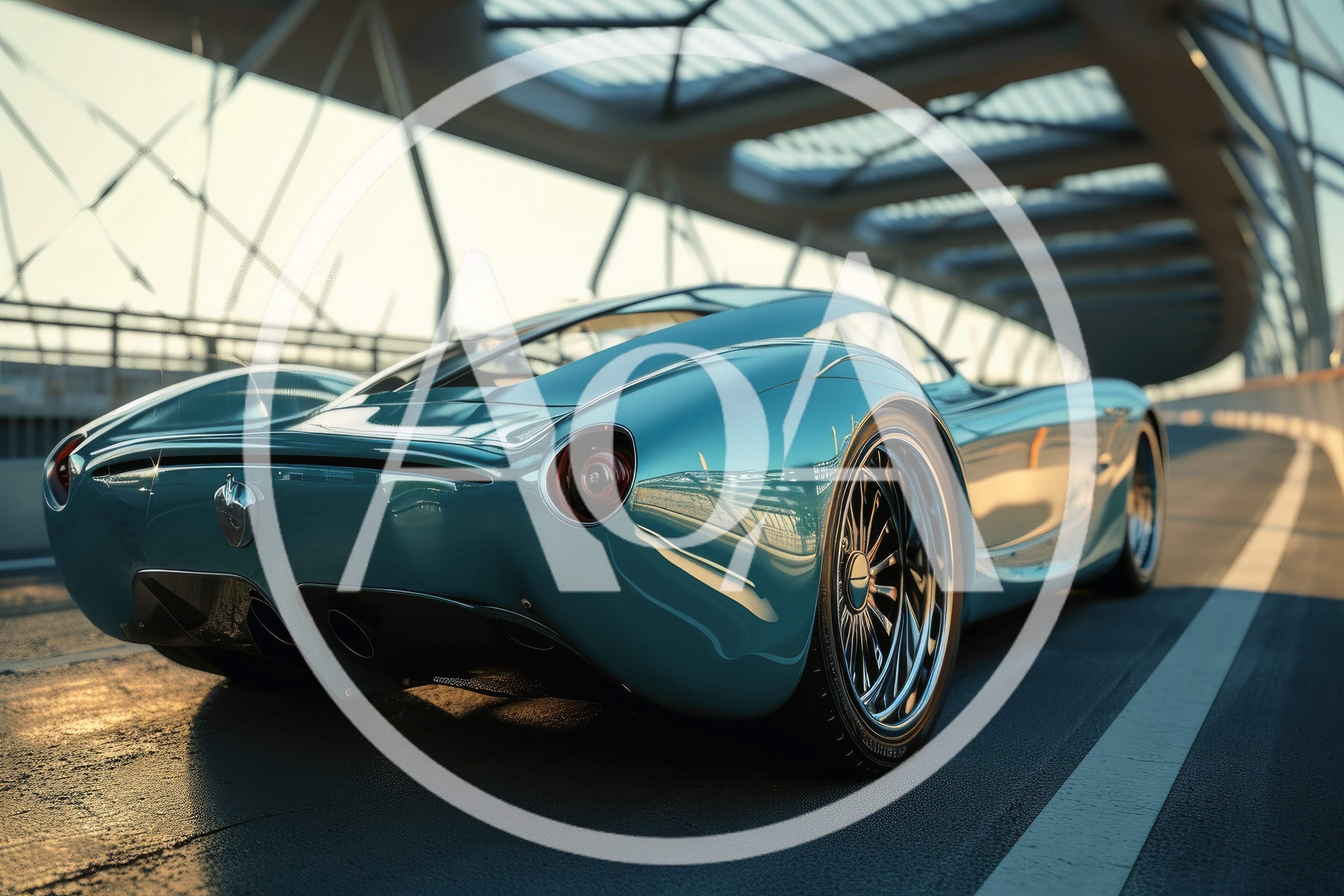 Teal Sports Car Driving On Modern Bridge