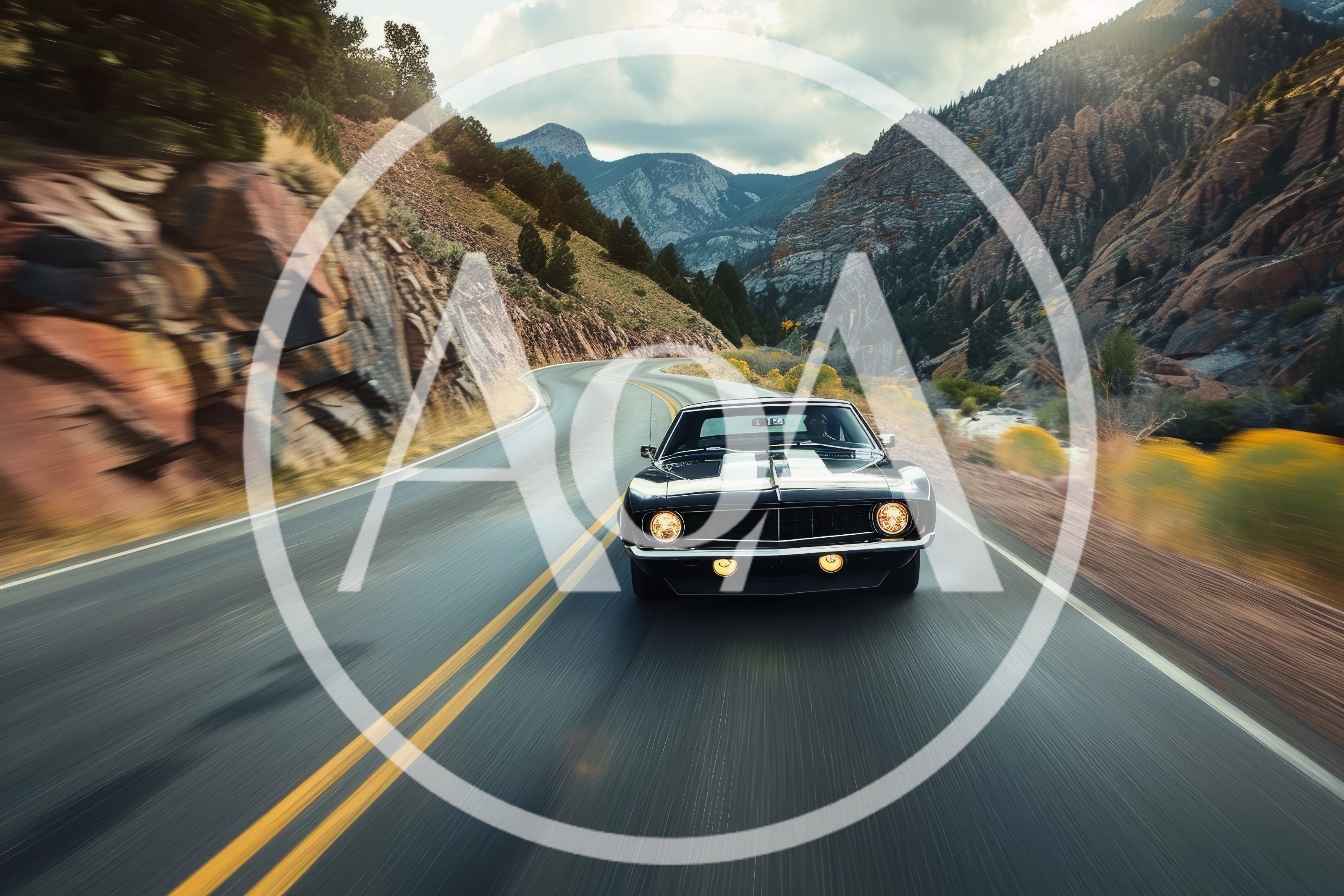 Classic Black Muscle Car Driving Through Mountain Canyon