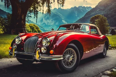 Classic Red Vintage Sports Car Parked In Mountain Landscape