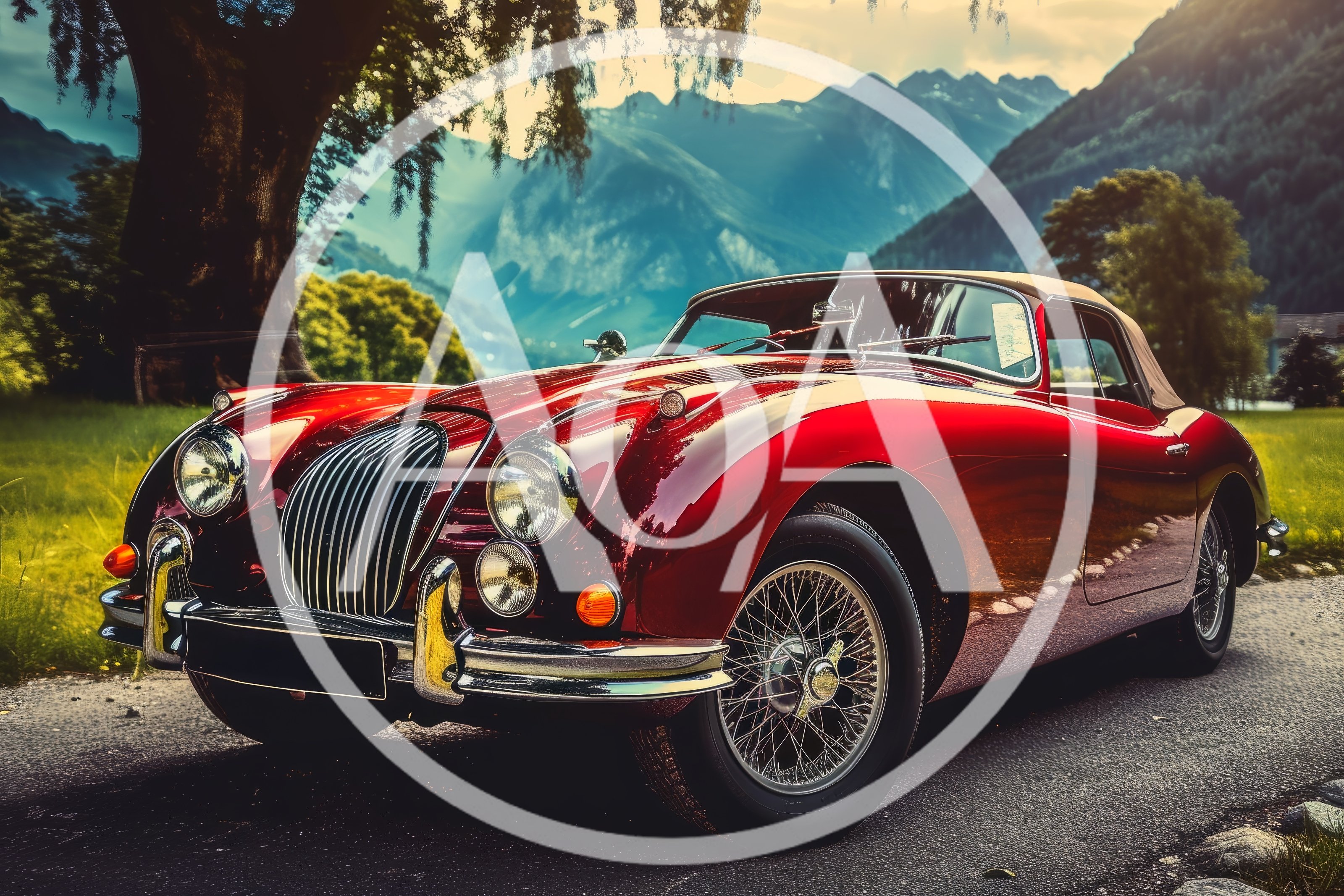 Classic Red Vintage Sports Car Parked In Mountain Landscape