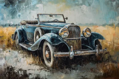 Vintage Blue Convertible Car In A Field