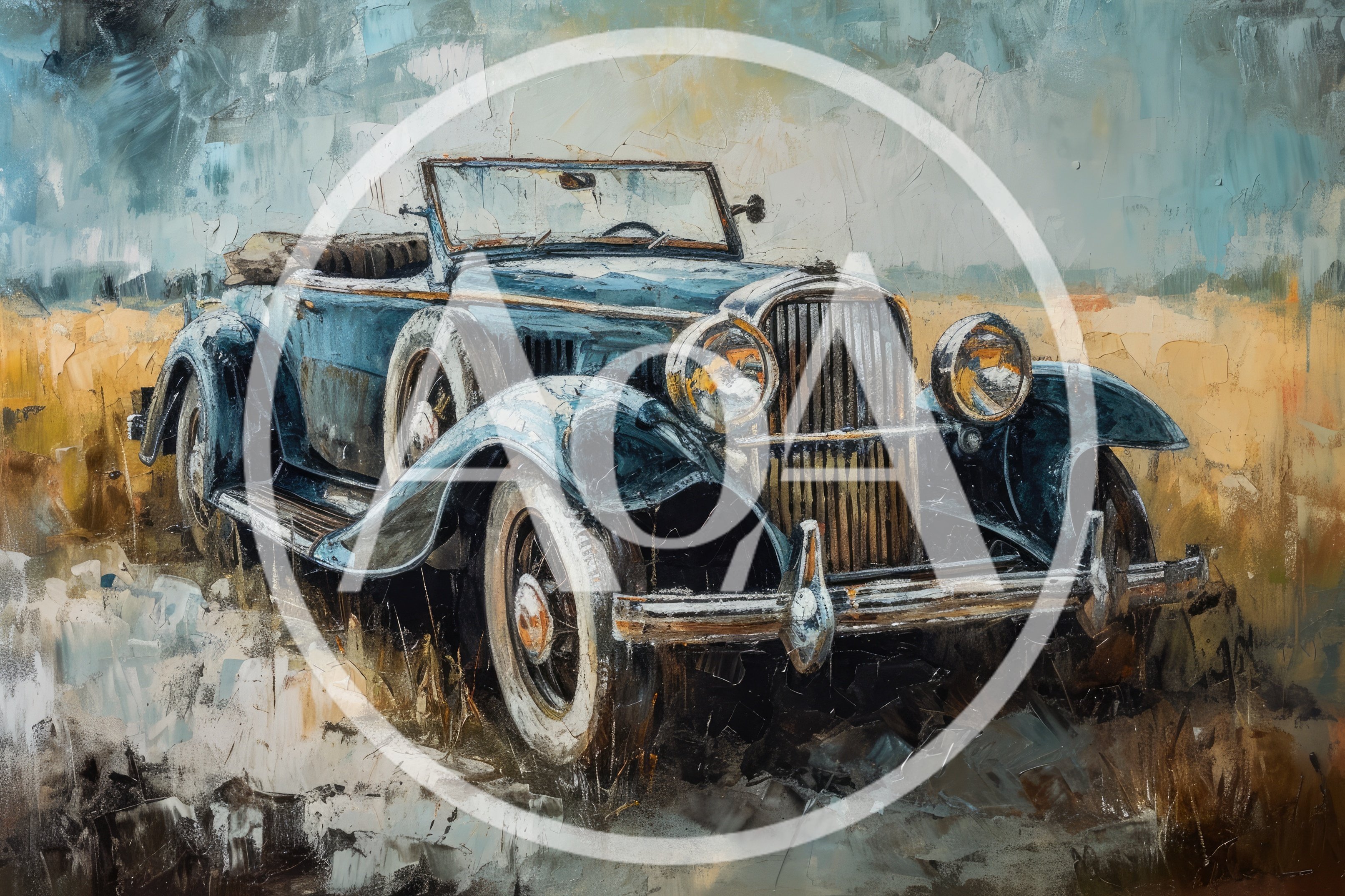 Vintage Blue Convertible Car In A Field