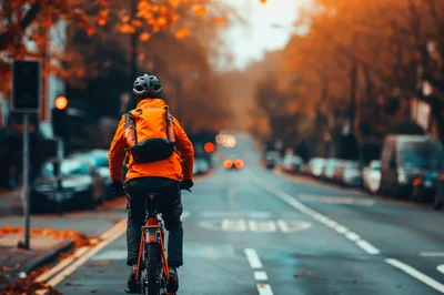 Cyclist Riding Through Autumn City Street