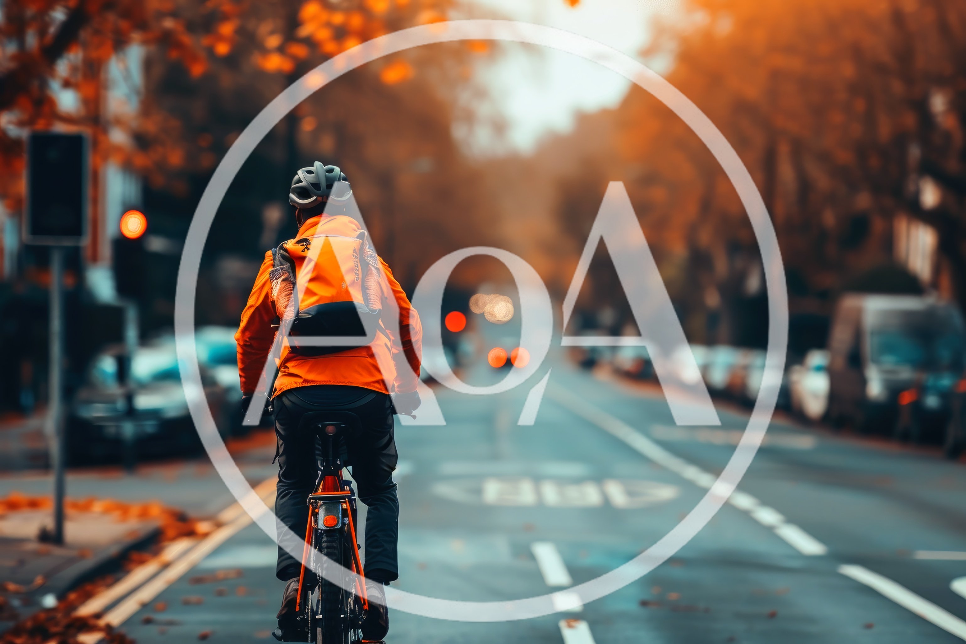 Cyclist Riding Through Autumn City Street