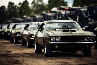 Line Of Matte Green Muscle Cars In Military Setting