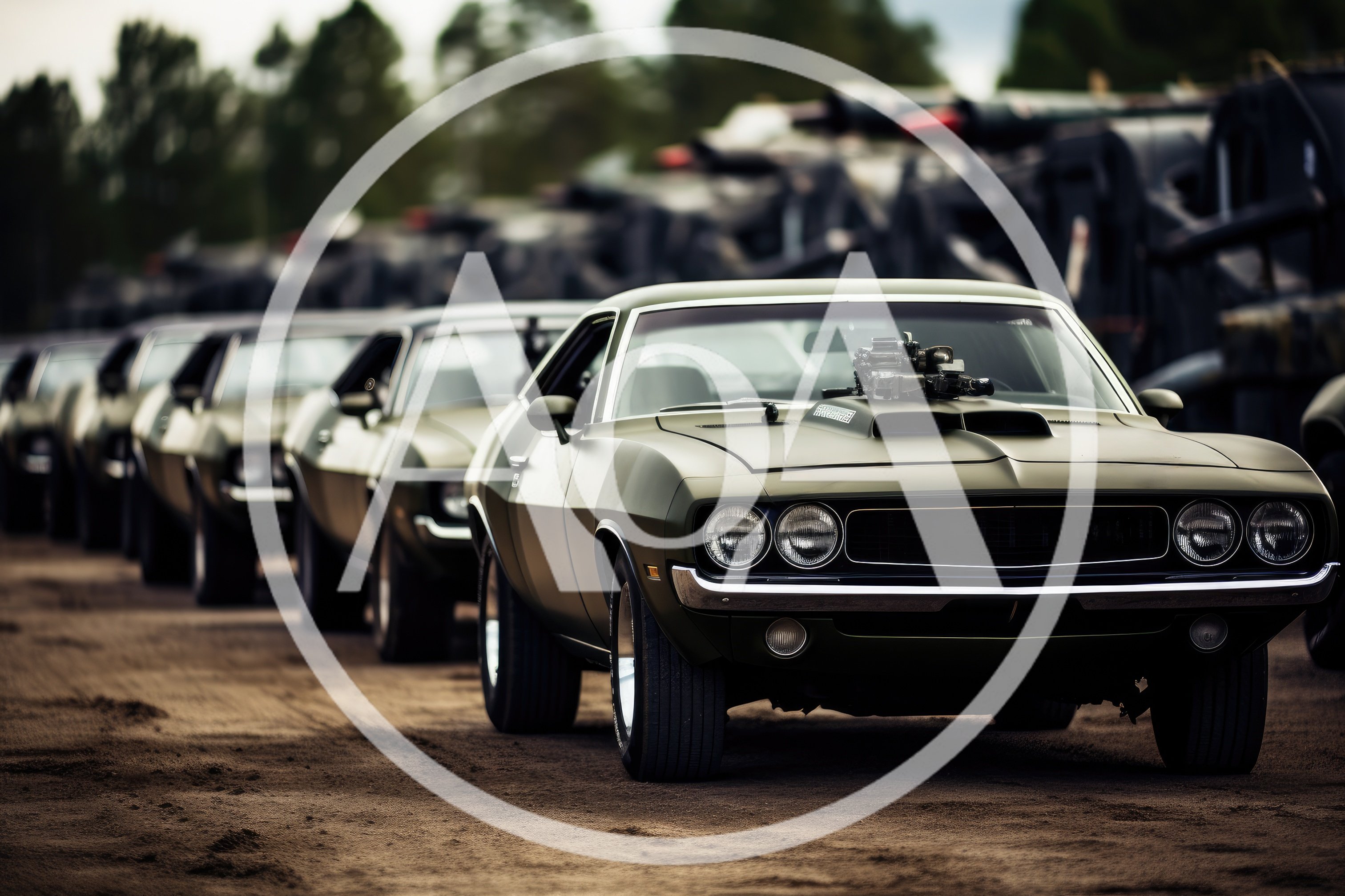 Line Of Matte Green Muscle Cars In Military Setting