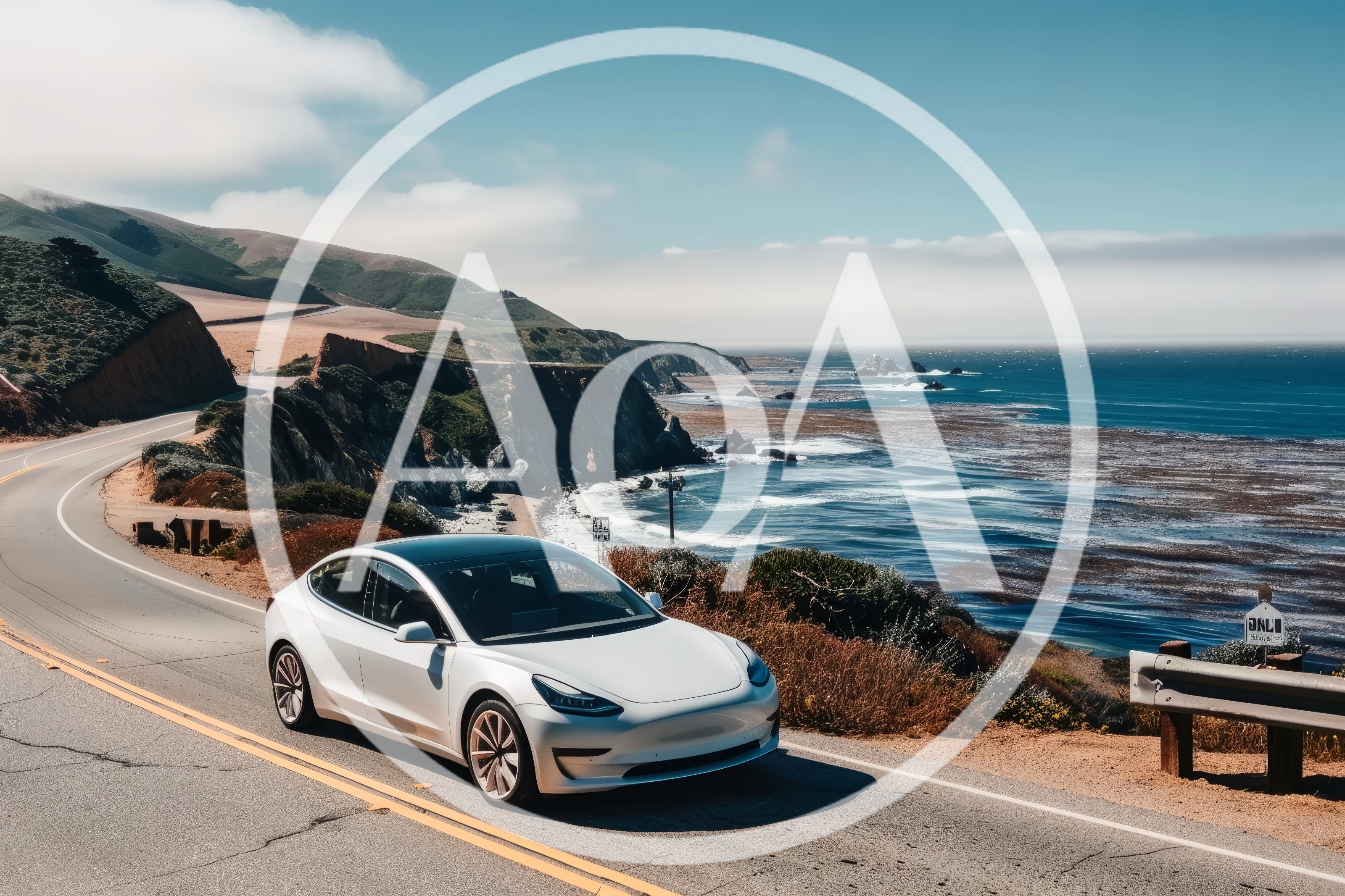 White Tesla Model 3 Driving Along Pacific Coast Highway