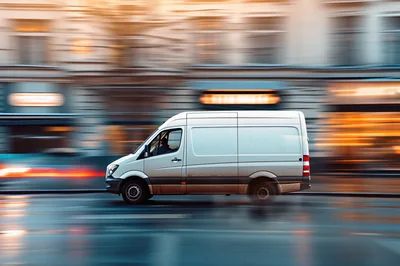 White Delivery Van Driving Through City Street