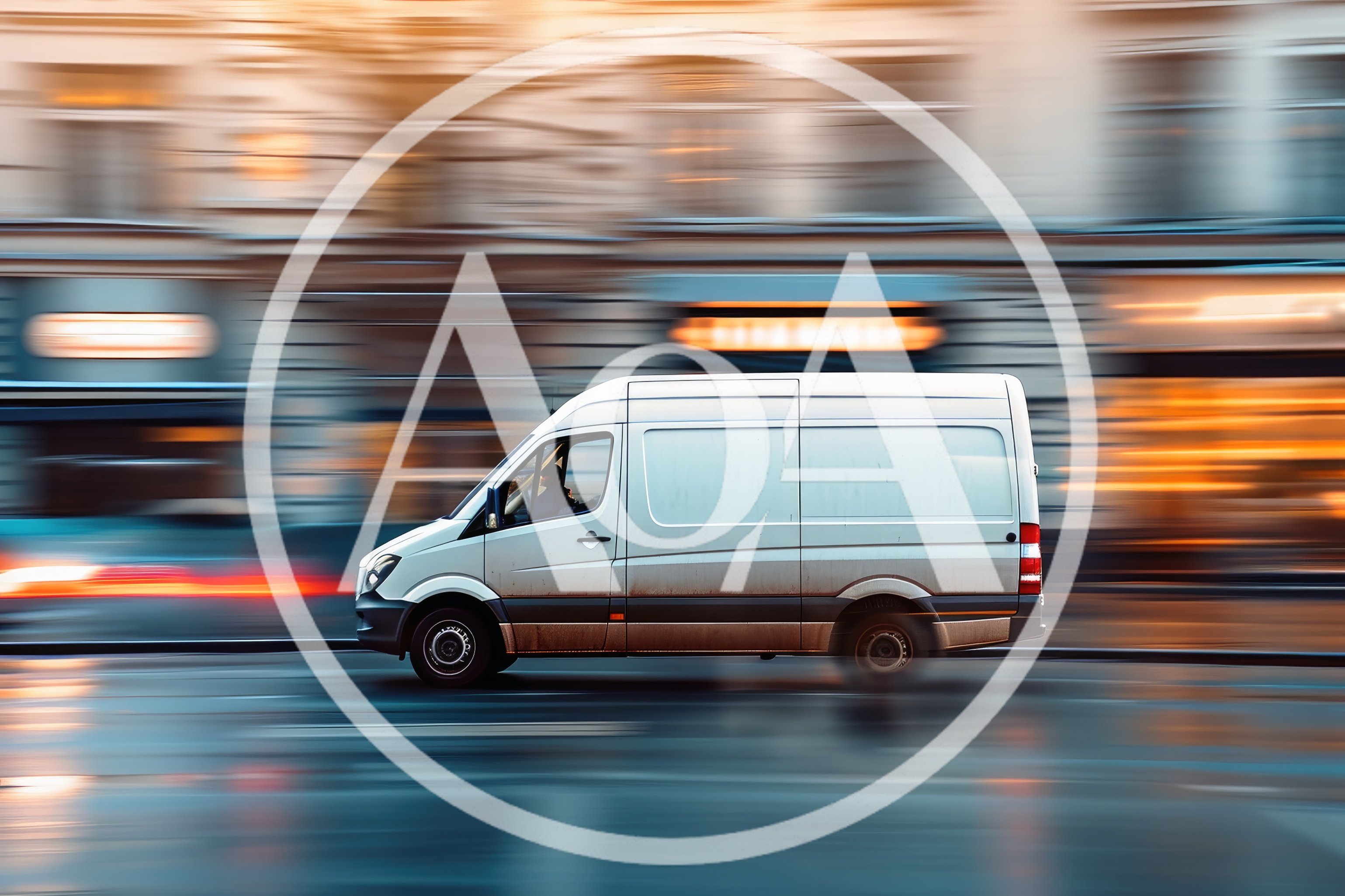 White Delivery Van Driving Through City Street