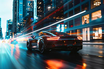 Luxury Sports Car Driving Through City Streets At Night
