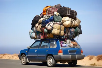 Overloaded Blue Station Wagon Carrying Excessive Luggage