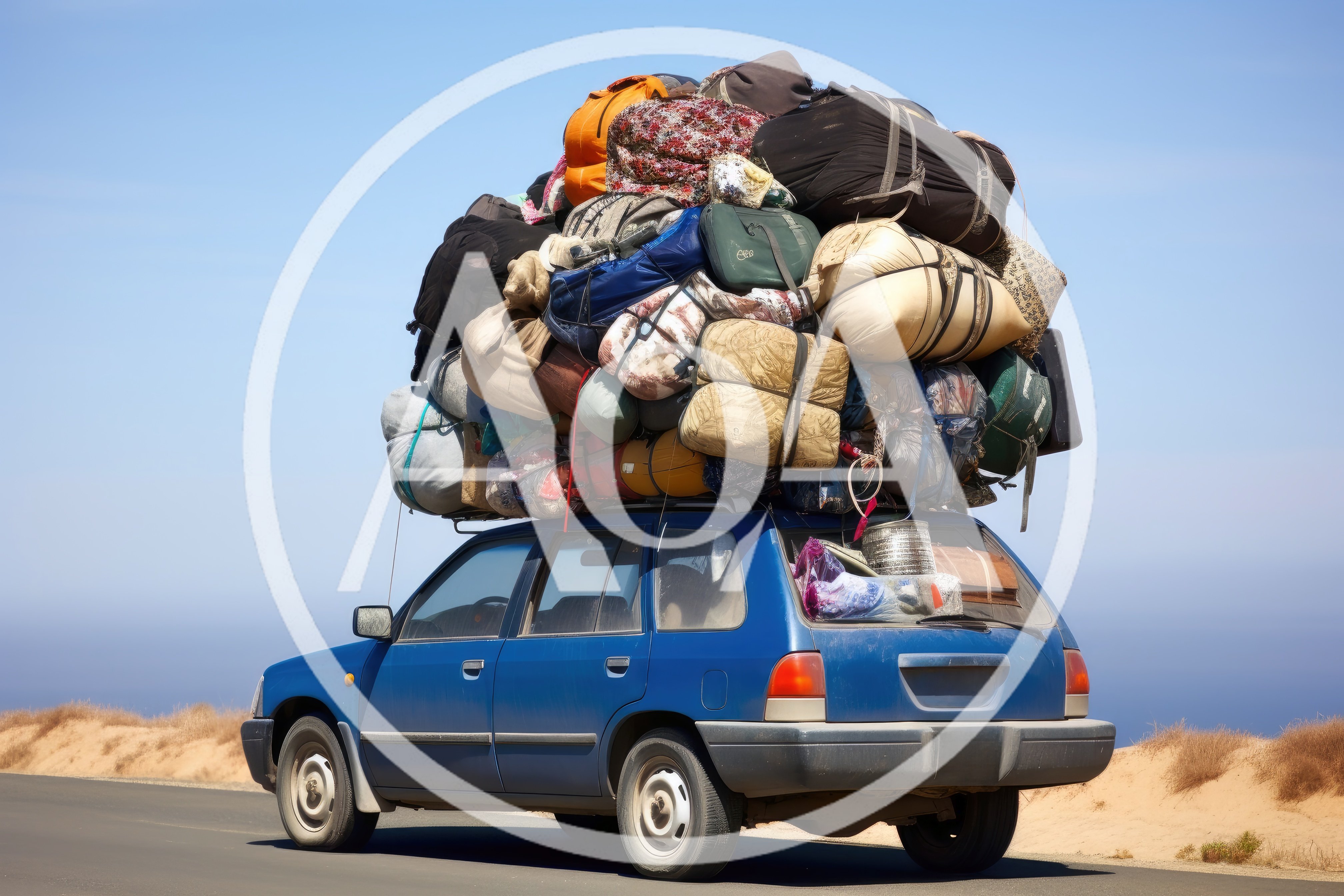 Overloaded Blue Station Wagon Carrying Excessive Luggage
