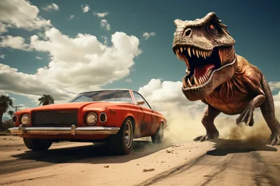 Tyrannosaurus Rex Chasing A Vintage Car On Desert Road