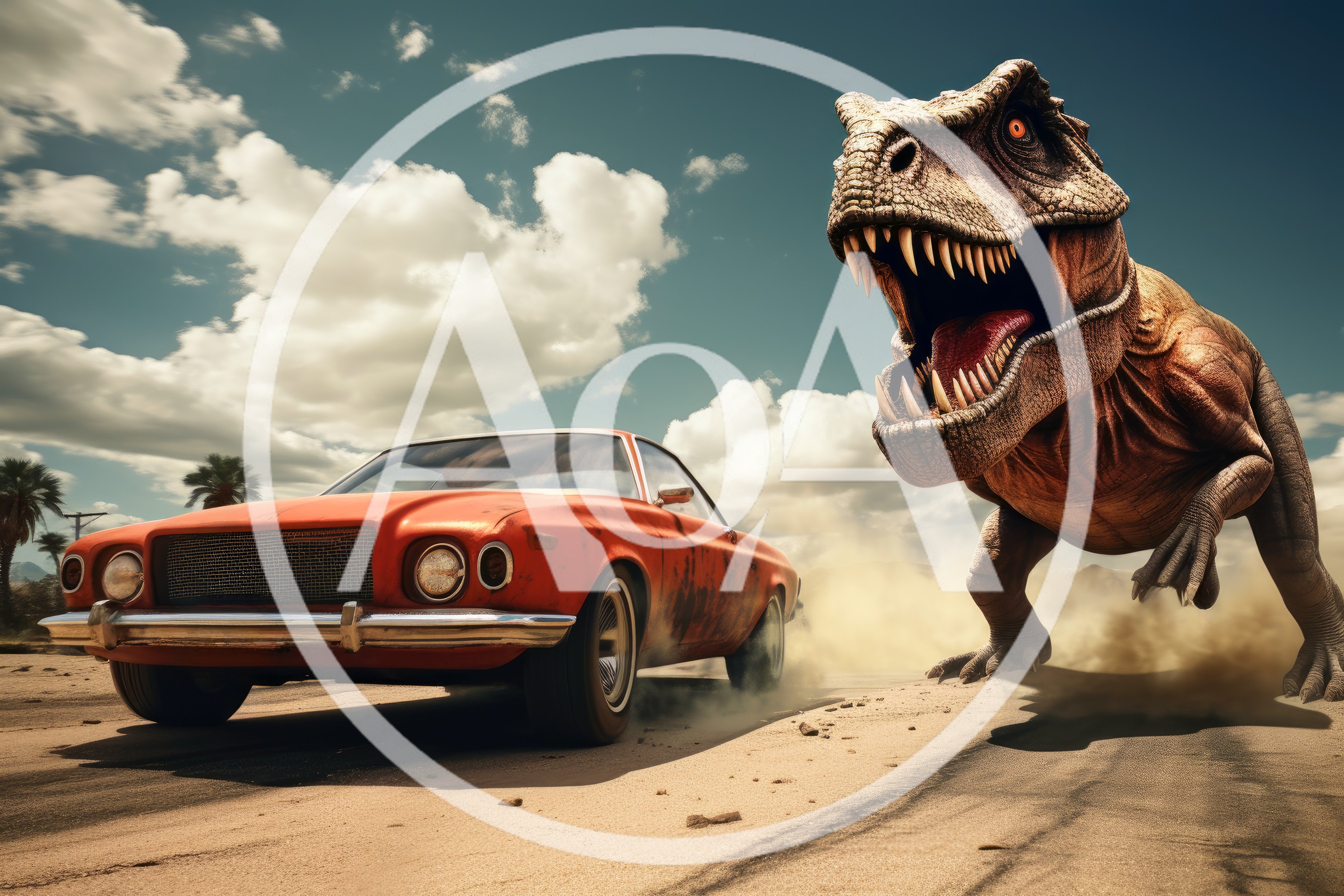 Tyrannosaurus Rex Chasing A Vintage Car On Desert Road