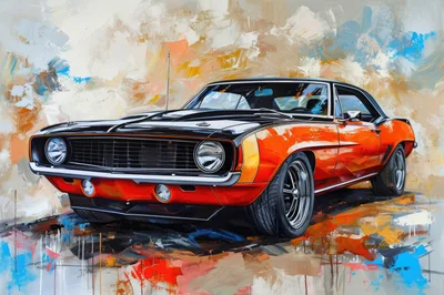 Classic Orange and Black Muscle Car Oil Painting