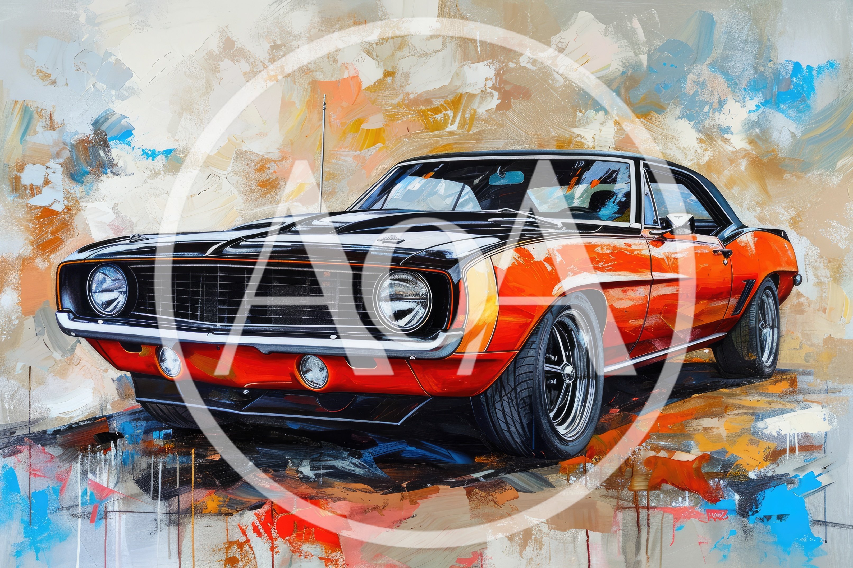 Classic Orange and Black Muscle Car Oil Painting