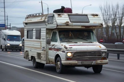Old Rusty Camper Van Driving On Highway