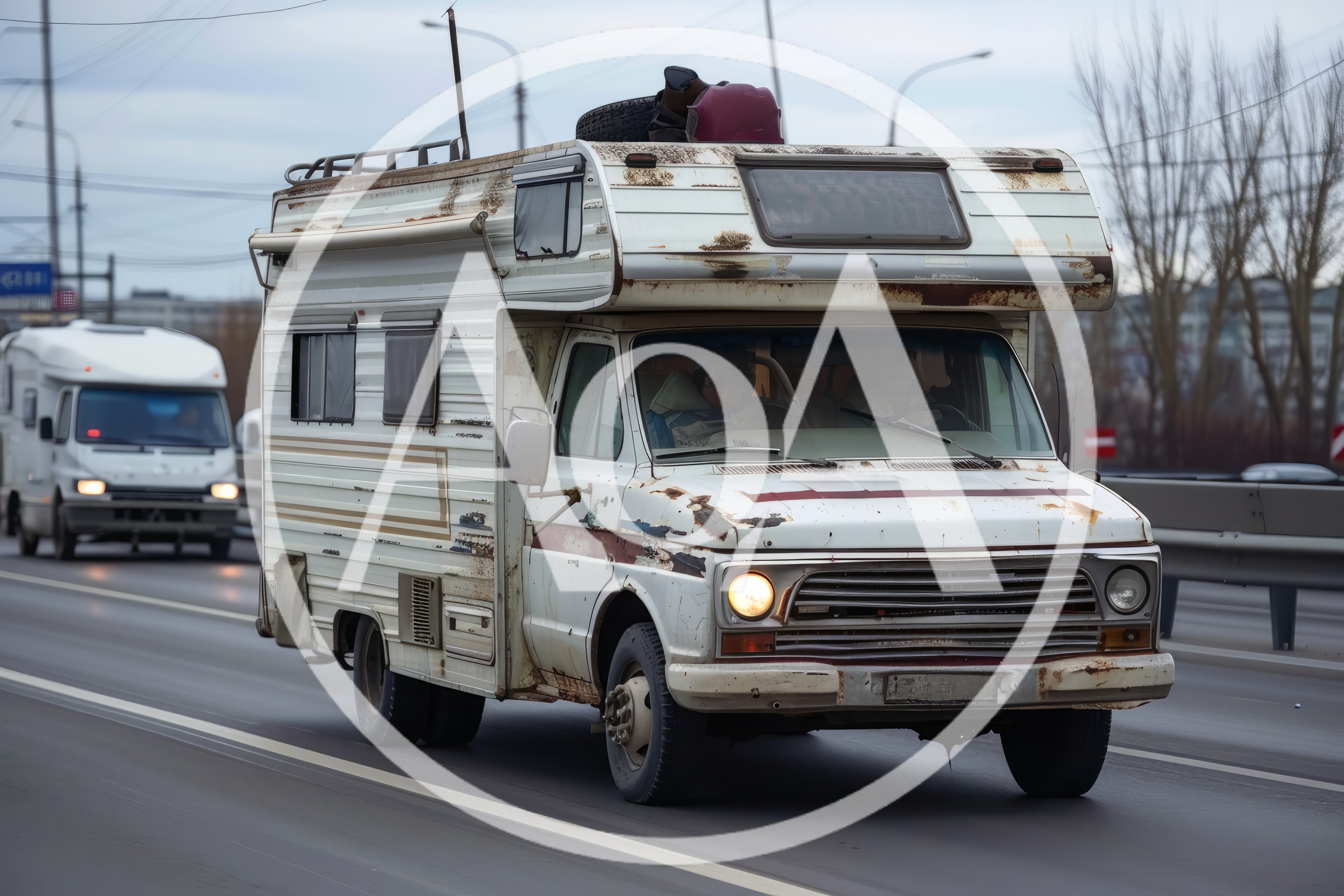Old Rusty Camper Van Driving On Highway